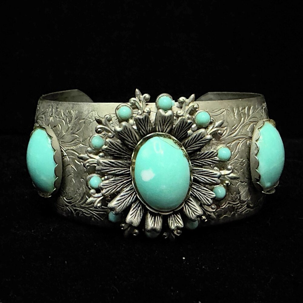 Vintage German Silver Alpaca Turquoise Floral Engraved Cuff Bracelet SS254